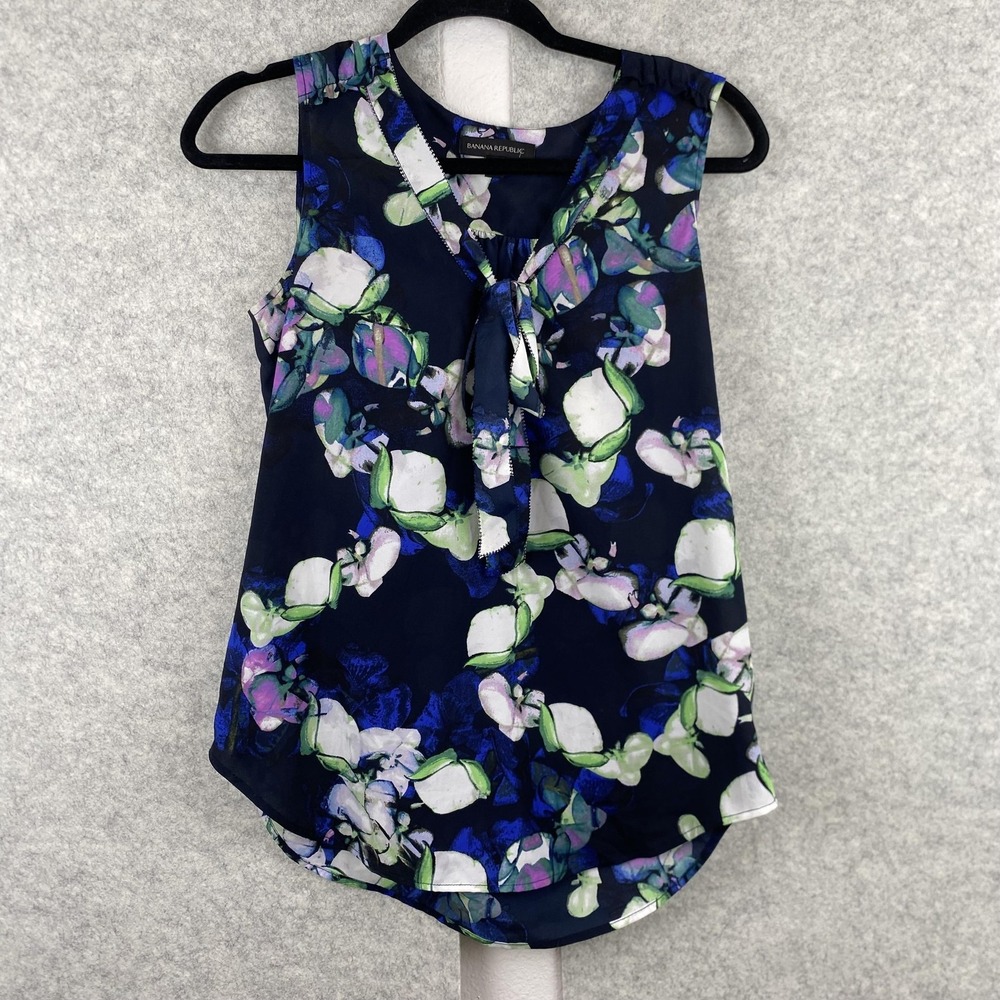 Banana Republic Blouse Womens Small Blue Floral Tie Neck Chiffon Sleeveless Top
